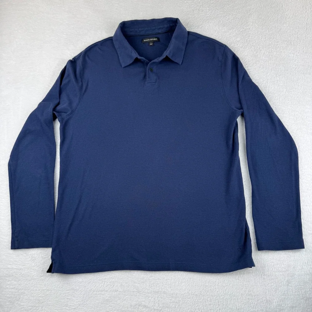 Banana Republic Polo Shirt Mens Large Navy Blue Long Sleeve Cotton Jersey